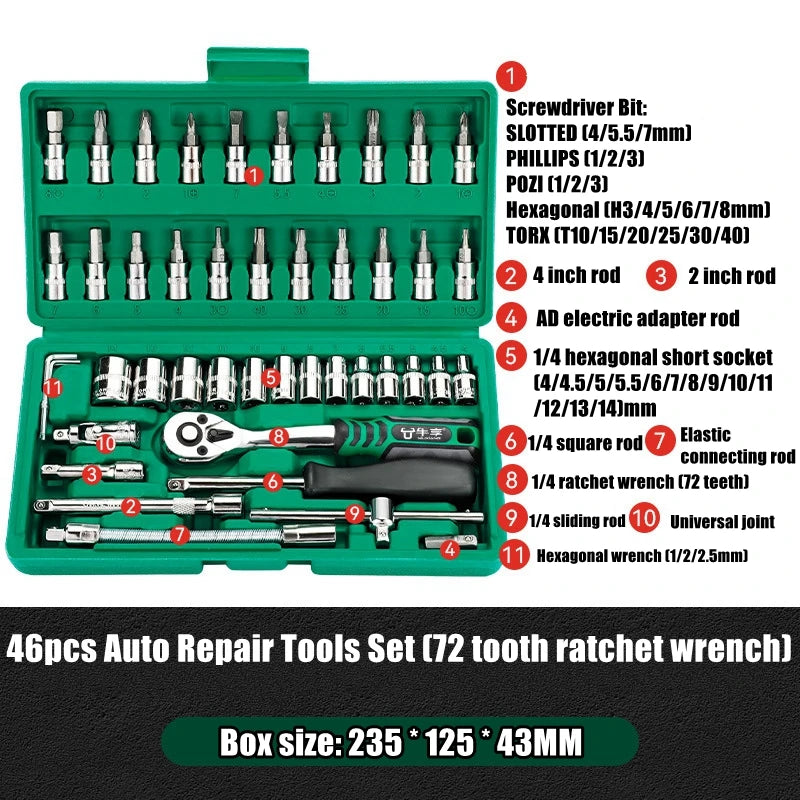 VoltForge 24/72 Tooth Ratchet Wrench Set – Socket & Screwdriver Bit Kit with Extension Rod for Car Repair & Home Use