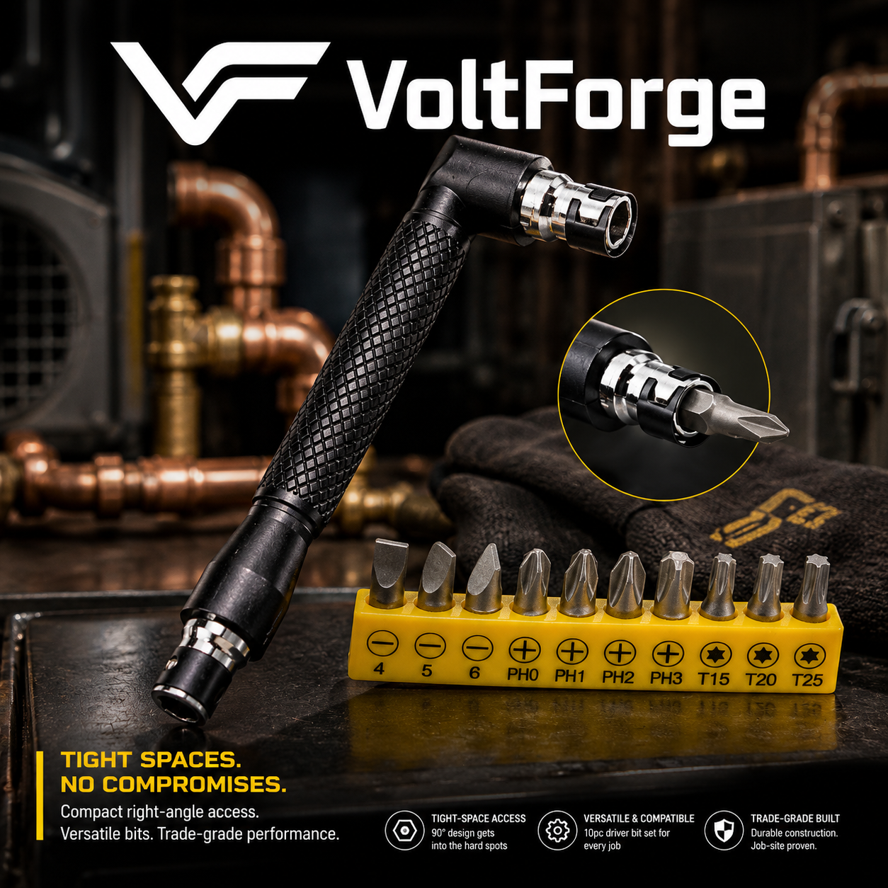 VoltForge 90° L-Shaped Hex Bit Driver Set with 10 Bits