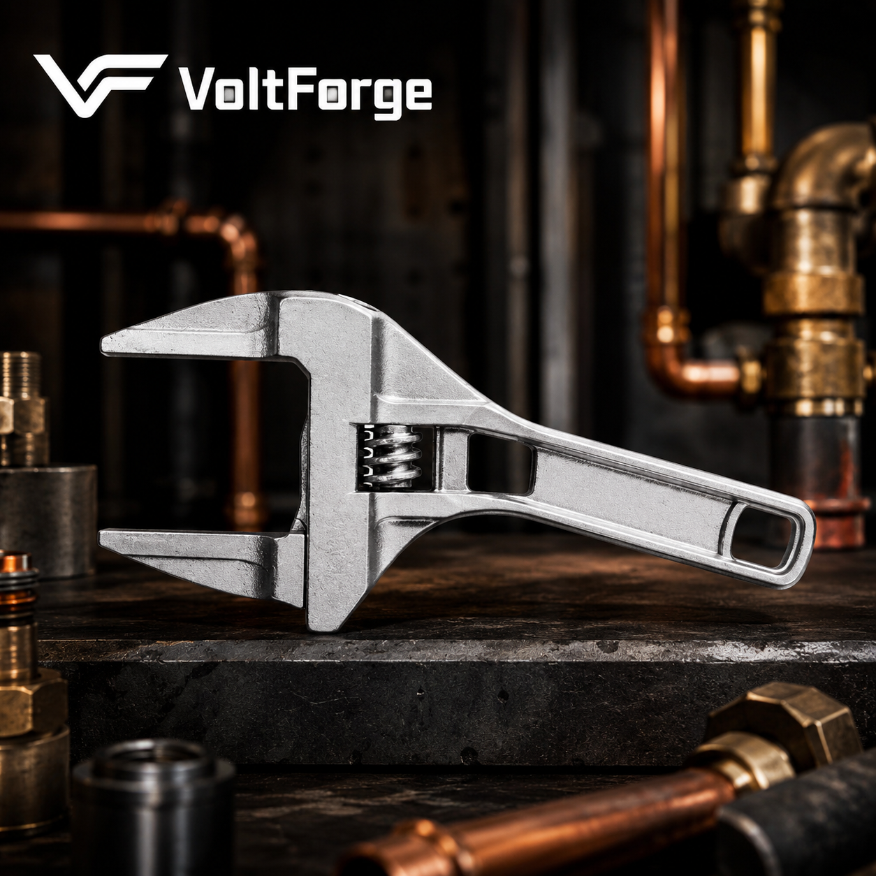 VoltForge 6–68mm Adjustable Pipe Wrench – Universal Large Opening Spanner for Bathroom & Plumbing Repairs