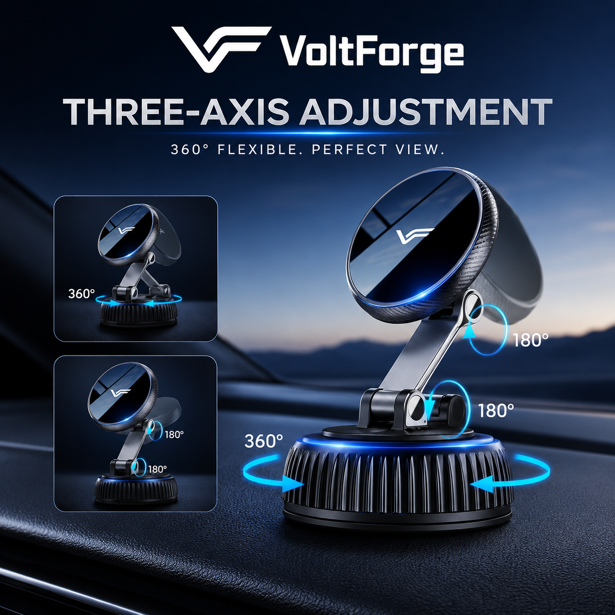 VoltForge Magnetic Car Phone Holder – 360° Rotating MagSafe-Compatible Dashboard & Windshield Mount