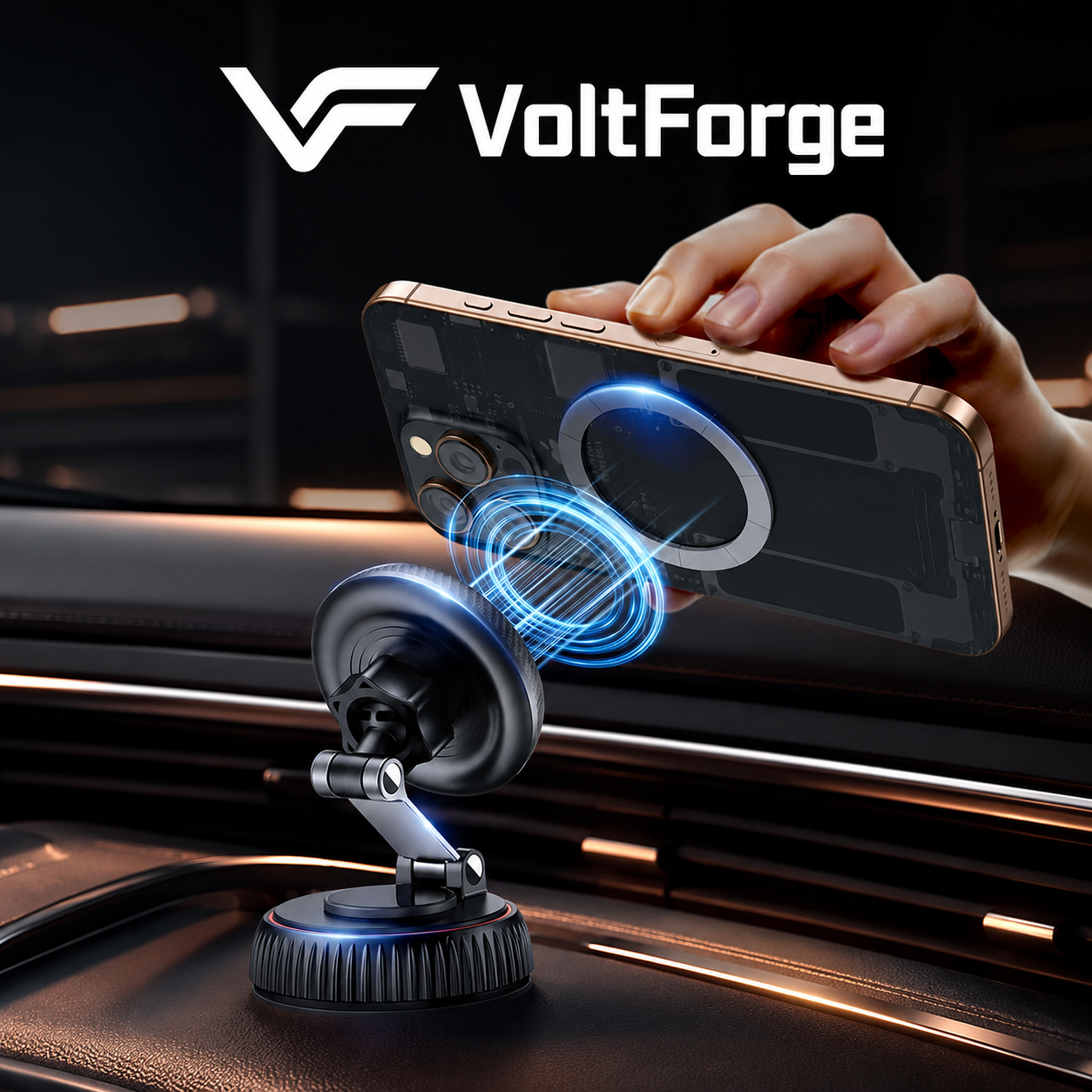 VoltForge Magnetic Car Phone Holder – 360° Rotating MagSafe-Compatible Dashboard & Windshield Mount