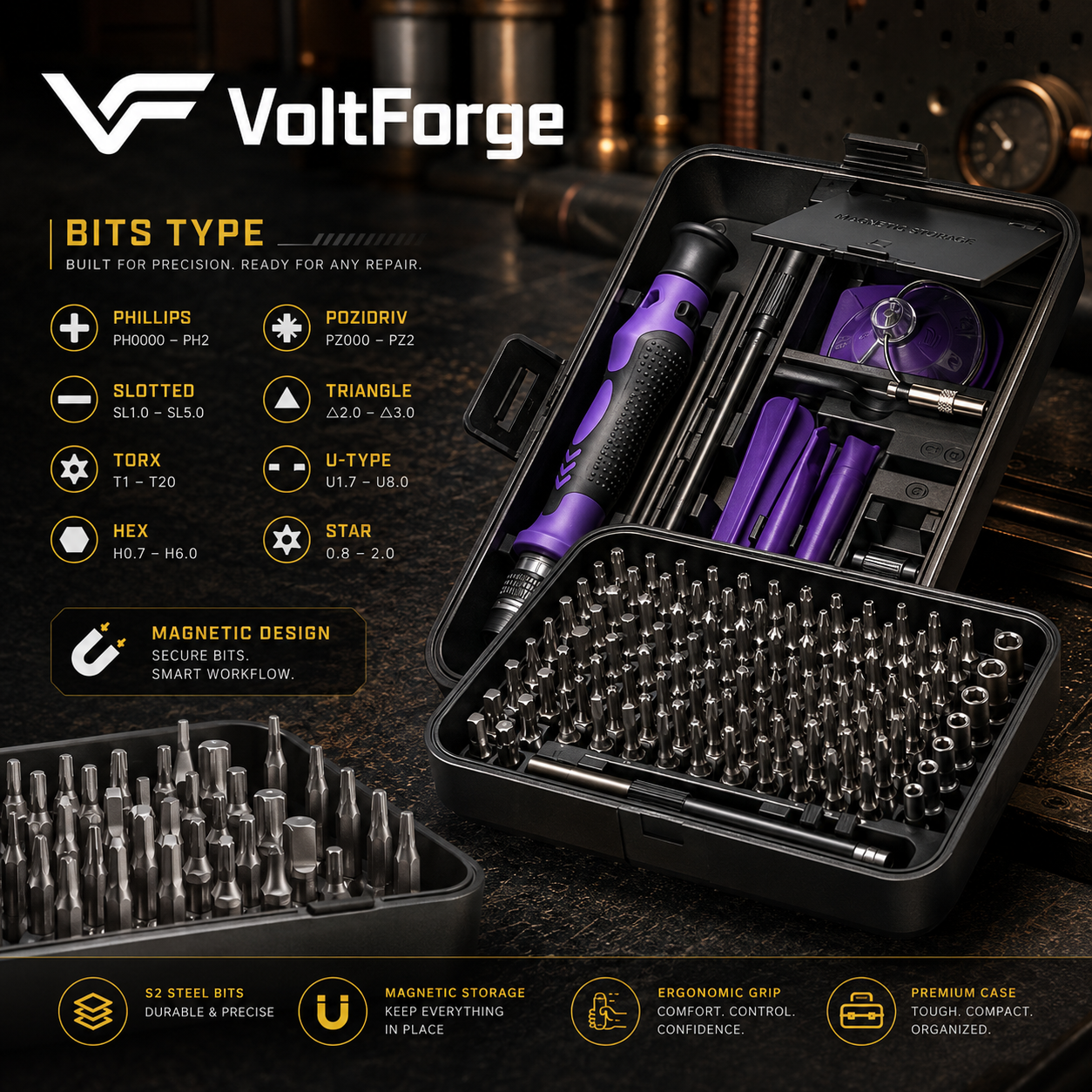 VoltForge 170-in-1 Precision Screwdriver Set – Magnetic Repair Kit with 154 Bits for Electronics, Phones, Laptops & DIY Repairs