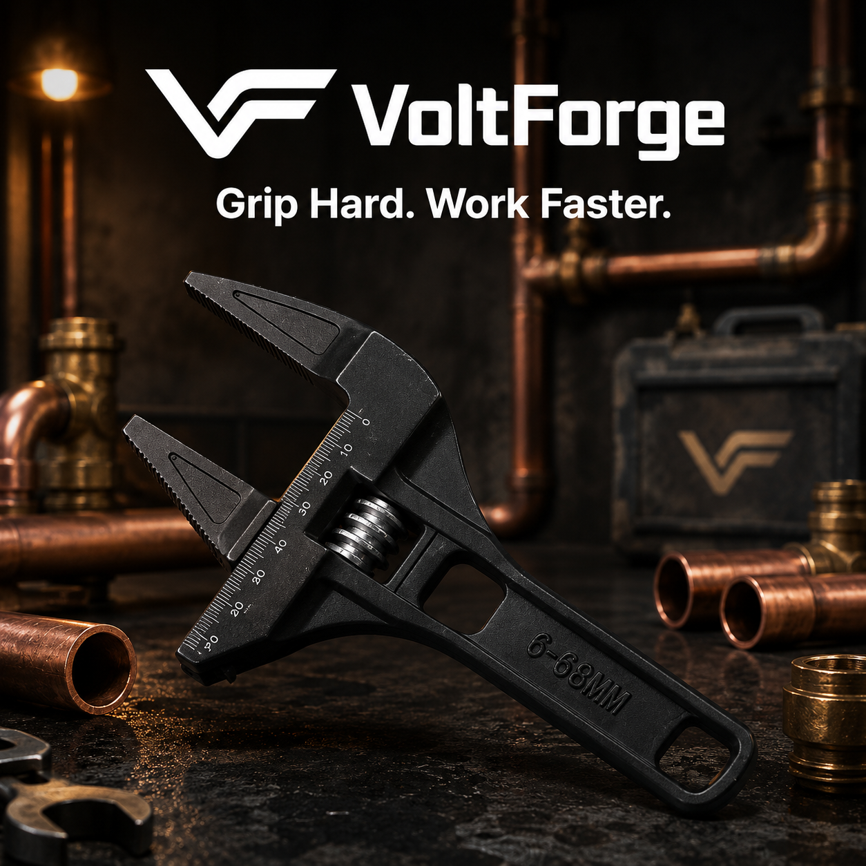 VoltForge 6–68mm Adjustable Pipe Wrench – Universal Large Opening Spanner for Bathroom & Plumbing Repairs