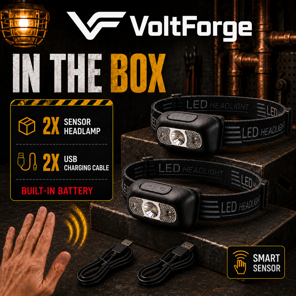 VoltForge USB Rechargeable LED Sensor Headlamp