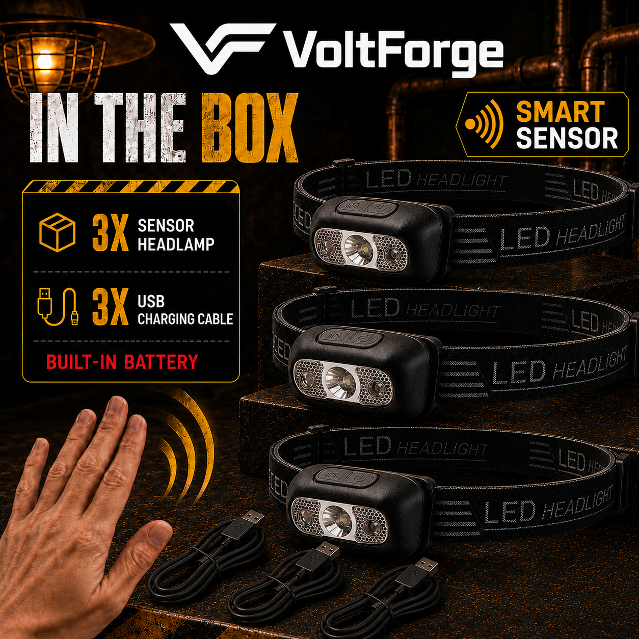 VoltForge USB Rechargeable LED Sensor Headlamp
