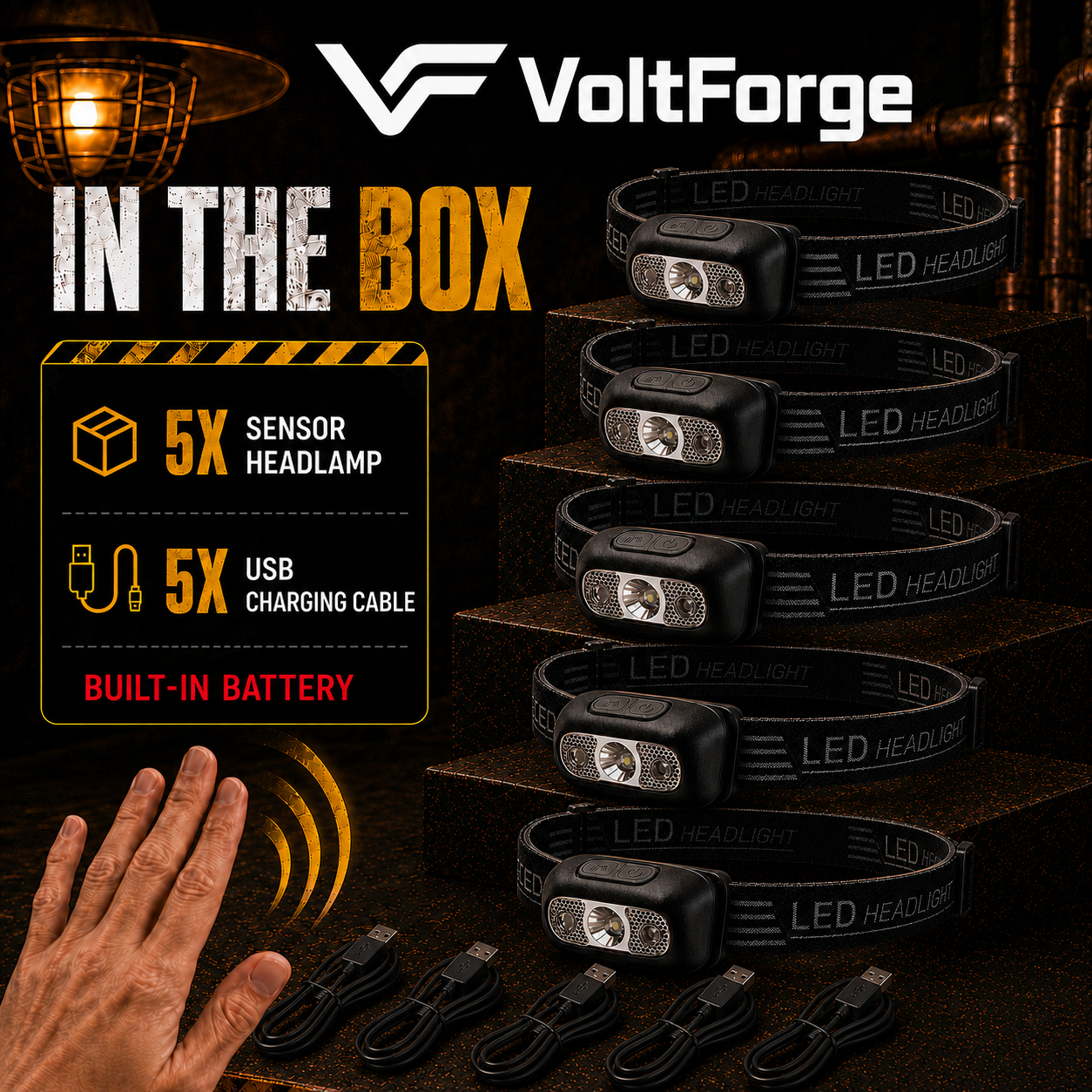 VoltForge USB Rechargeable LED Sensor Headlamp