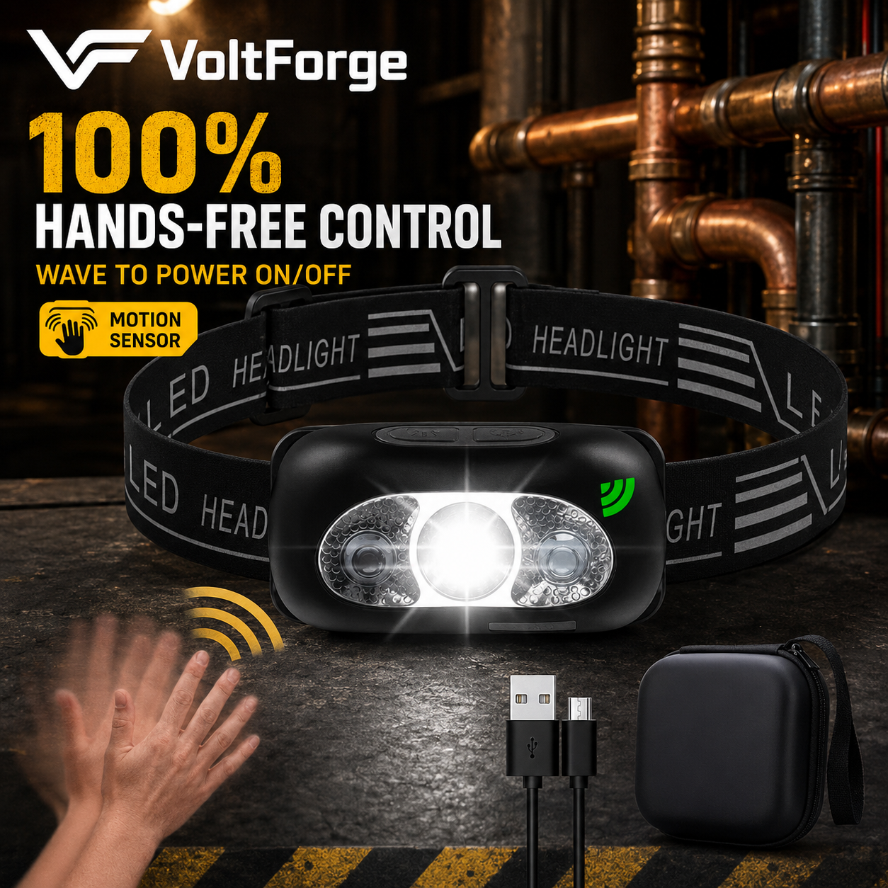 VoltForge USB Rechargeable LED Sensor Headlamp